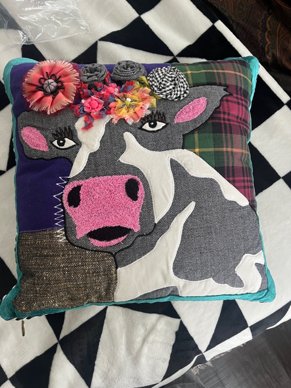 Frida Cowlo MacKenzie-Childs Teal-Trim Tweed Decorative Pillow 18x18